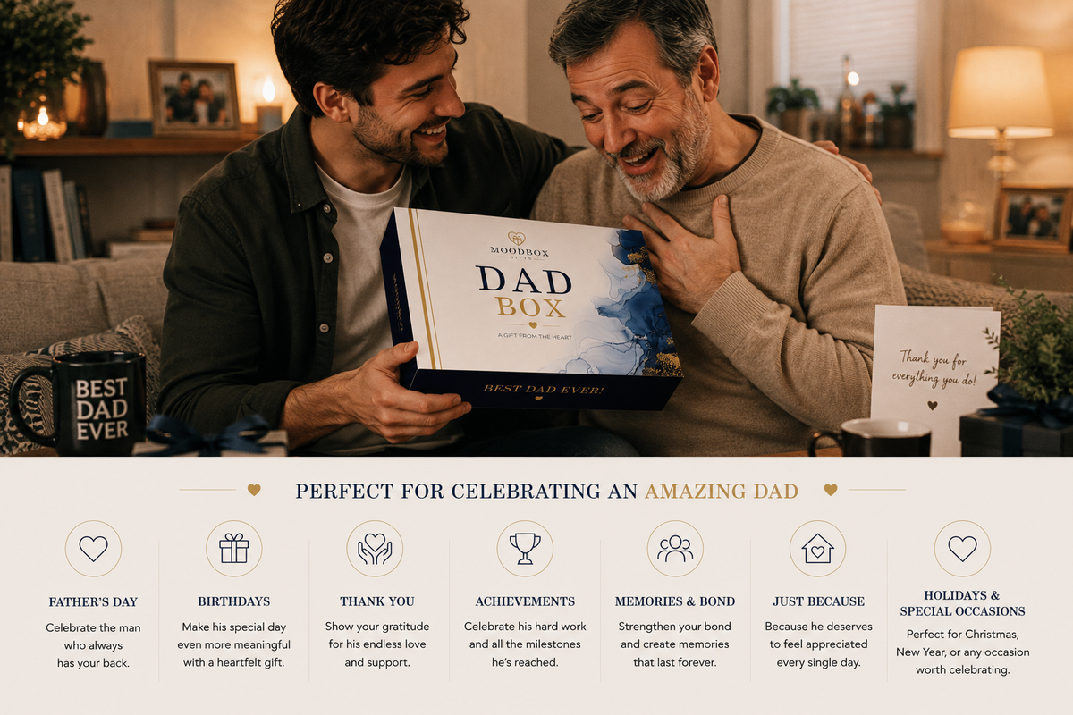 A father receiving a Moodbox Dad Box as a thoughtful Belgian gift, celebrating love, appreciation and family moments.