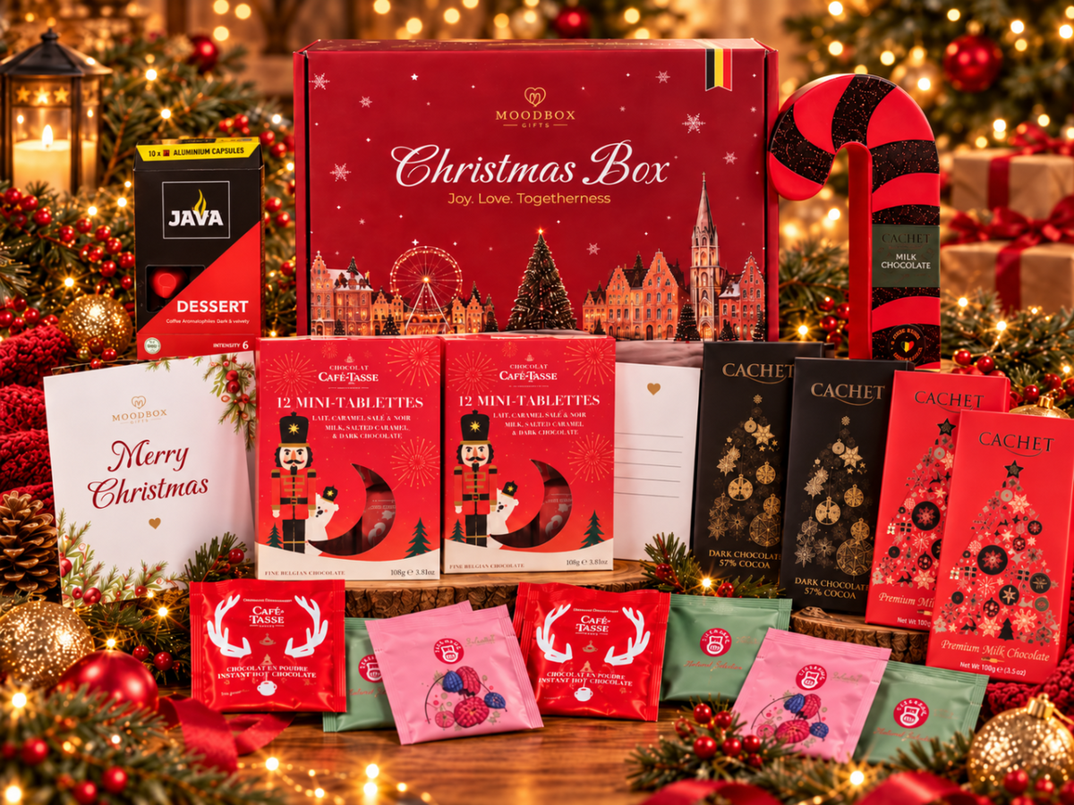 Moodbox Christmas Gift Box featuring Belgian chocolate, premium coffee, tea and festive sweet treats, beautifully presented in elegant Christmas packaging with a personalized Merry Christmas message card. A premium Christmas gift for family, friends, employees, clients and business partners, with delivery across Europe.