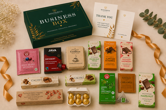 Luxury Moodbox gift box with Belgian chocolates, gourmet treats and personalized message card