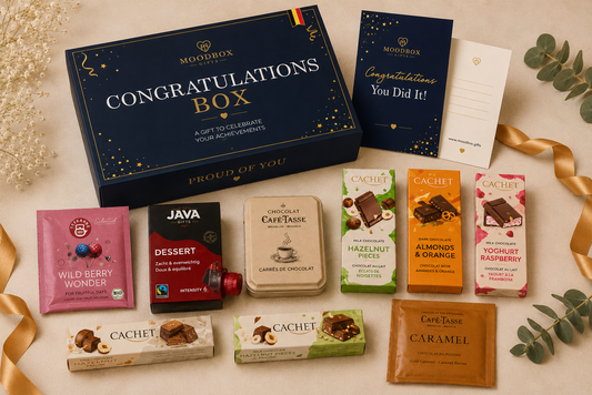 Luxury Moodbox gift box with Belgian chocolates, gourmet treats and personalized message card