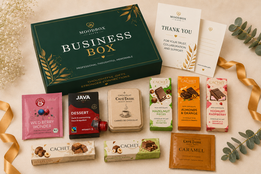 Luxury Moodbox gift box with Belgian chocolates, gourmet treats and personalized message card