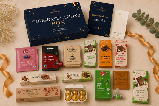 Luxury Moodbox gift box with Belgian chocolates, gourmet treats and personalized message card