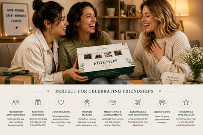 Friends enjoying a Moodbox Friends Box together, celebrating friendship, laughter and unforgettable moments with a thoughtful Belgian gift.