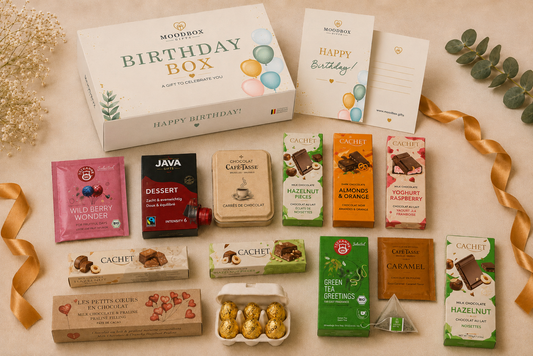 Luxury Moodbox gift box with Belgian chocolates, gourmet treats and personalized message card