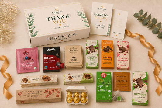 Luxury Moodbox gift box with Belgian chocolates, gourmet treats and personalized message card