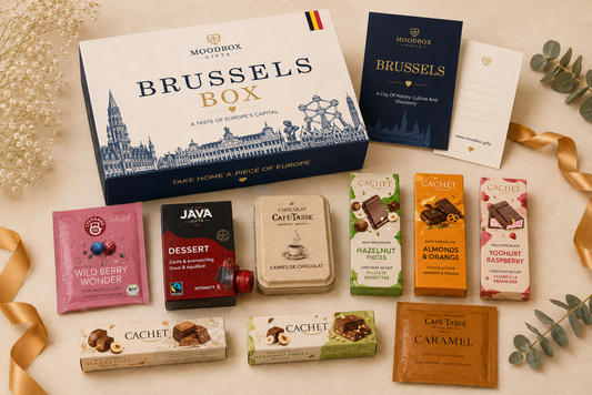 Luxury Moodbox gift box with Belgian chocolates, gourmet treats and personalized message card