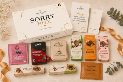 Luxury Moodbox gift box with Belgian chocolates, gourmet treats and personalized message card