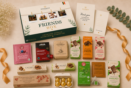 Luxury Moodbox gift box with Belgian chocolates, gourmet treats and personalized message card