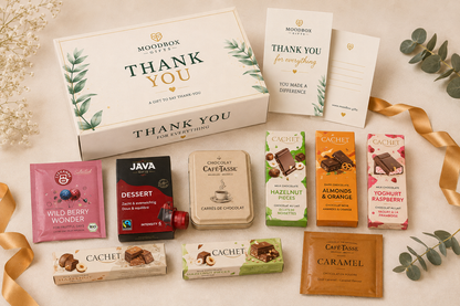 Luxury Moodbox gift box with Belgian chocolates, gourmet treats and personalized message card