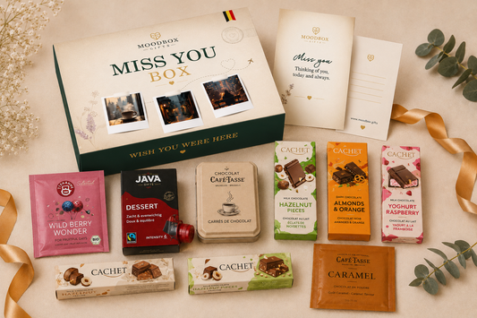 Luxury Moodbox gift box with Belgian chocolates, gourmet treats and personalized message card
