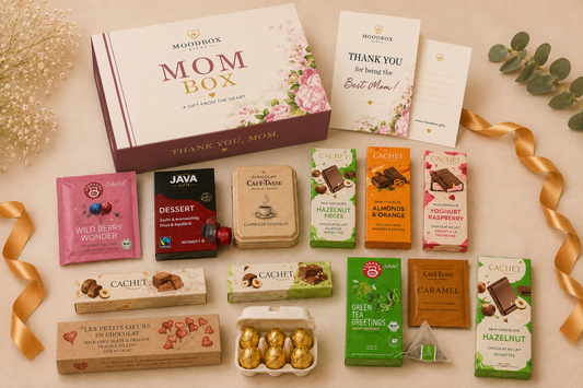 Luxury Moodbox gift box with Belgian chocolates, gourmet treats and personalized message card