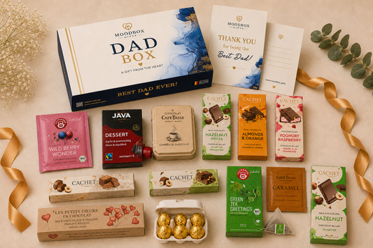Luxury Moodbox gift box with Belgian chocolates, gourmet treats and personalized message card