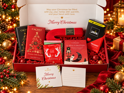 Moodbox Christmas Gift Box featuring Belgian chocolate, premium coffee, tea and festive sweet treats, beautifully presented in elegant Christmas packaging with a personalized Merry Christmas message card. A premium Christmas gift for family, friends, employees, clients and business partners, with delivery across Europe.