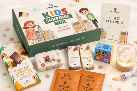 Moodbox Kids Surprise Box with personalized message card, Belgian chocolates, hot cocoa, squishy toy and globe night light – a fun children’s gift from Belgium.