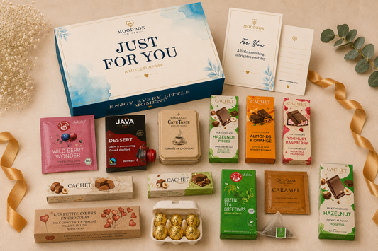 Luxury Moodbox gift box with Belgian chocolates, gourmet treats and personalized message card