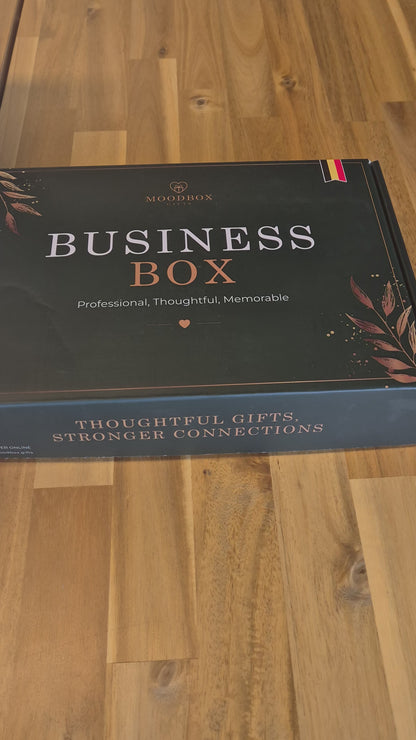 Moodbox Business Gift Box featuring Belgian chocolate, premium coffee, tea and high-quality sweet treats in an elegant premium presentation with a personalized message card. An ideal corporate gift for employees, clients, colleagues and business partners, with delivery available across Europe.