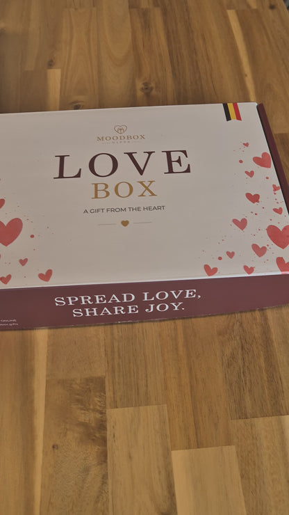Moodbox Love Gift Box with Belgian chocolate, premium coffee, tea and carefully selected sweet treats, presented in an elegant gift box with a personalized message card. A romantic gift for your partner, husband, wife or someone special, with delivery available across Europe.
