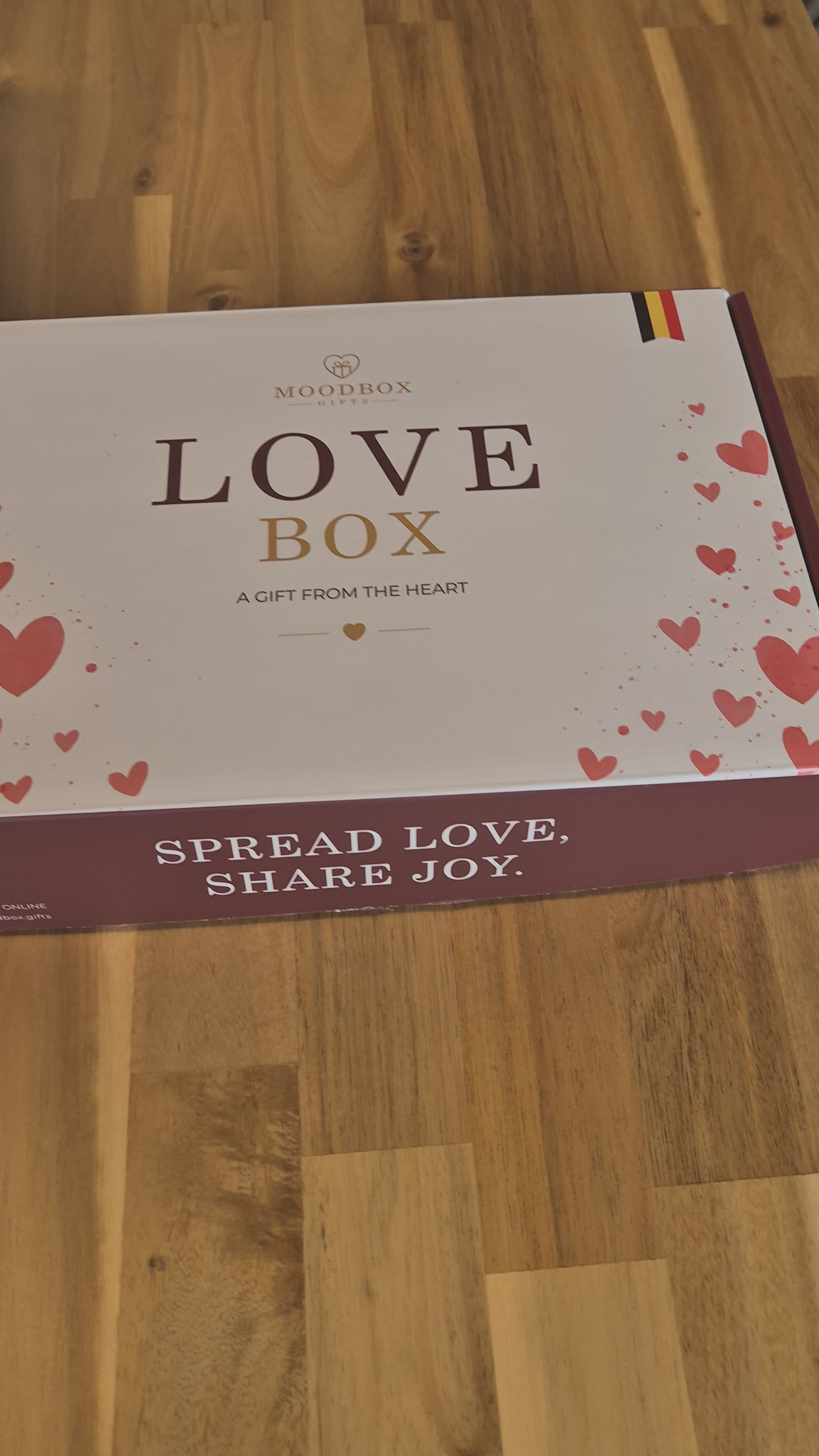 Moodbox Love Gift Box with Belgian chocolate, premium coffee, tea and carefully selected sweet treats, presented in an elegant gift box with a personalized message card. A romantic gift for your partner, husband, wife or someone special, with delivery available across Europe.