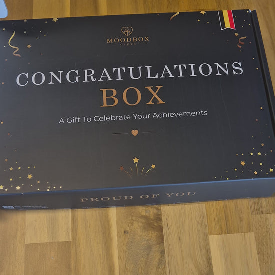 Moodbox Congratulations Gift Box filled with Belgian chocolate, premium coffee, tea and carefully selected sweet treats, presented with an elegant personalized message card. Perfect for celebrating a new job, graduation, promotion, achievement or special milestone, with delivery across Europe.
