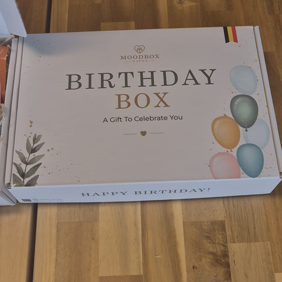 Moodbox Birthday Gift Box filled with Belgian chocolate, premium coffee, tea and delicious sweet treats, beautifully presented with a personalized birthday message card. A thoughtful birthday gift for friends, family, colleagues or someone special, with delivery across Europe.