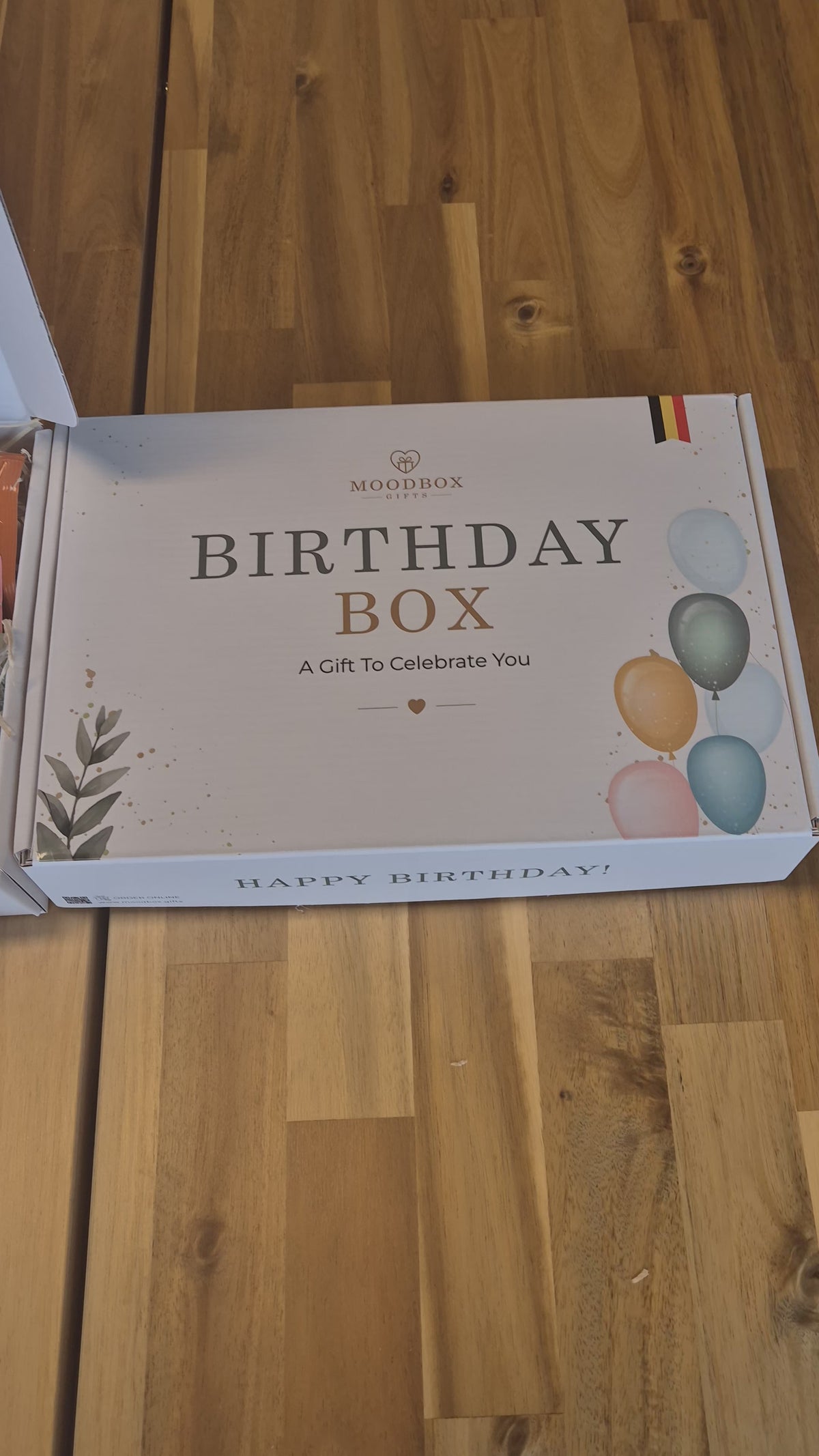 Moodbox Birthday Gift Box filled with Belgian chocolate, premium coffee, tea and delicious sweet treats, beautifully presented with a personalized birthday message card. A thoughtful birthday gift for friends, family, colleagues or someone special, with delivery across Europe.