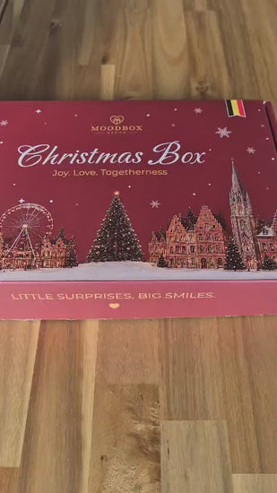 Moodbox Christmas Gift Box featuring Belgian chocolate, premium coffee, tea and festive sweet treats, beautifully presented in elegant Christmas packaging with a personalized Merry Christmas message card. A premium Christmas gift for family, friends, employees, clients and business partners, with delivery across Europe.
