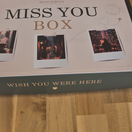 Moodbox Miss You Gift Box with Belgian chocolate, premium coffee, tea and delicious sweet treats, elegantly presented with a personalized message card. A thoughtful way to let someone know you are thinking of them when distance keeps you apart, with delivery available across Europe.