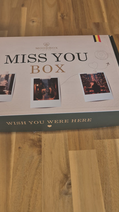 Moodbox Miss You Gift Box with Belgian chocolate, premium coffee, tea and delicious sweet treats, elegantly presented with a personalized message card. A thoughtful way to let someone know you are thinking of them when distance keeps you apart, with delivery available across Europe.