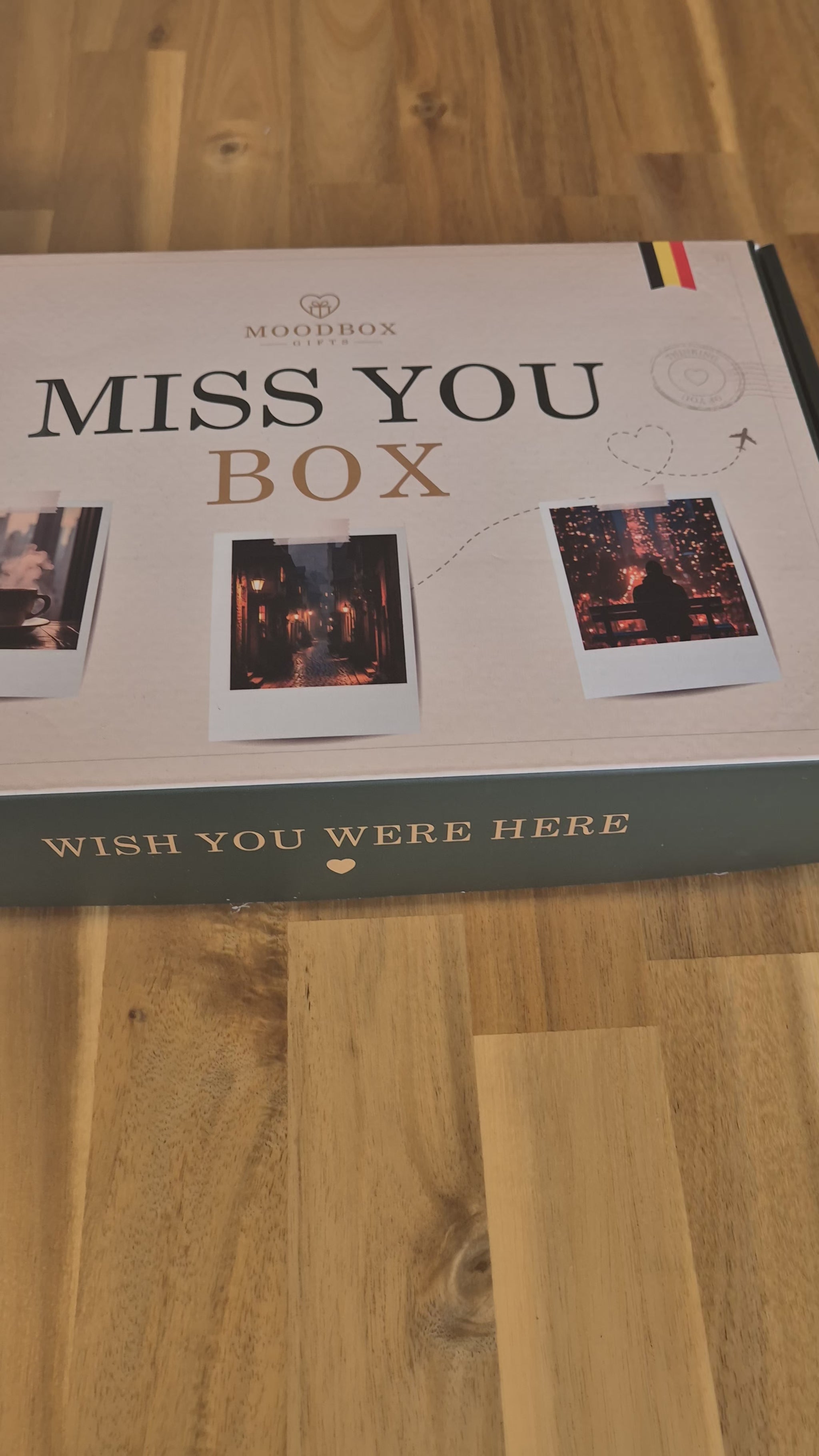 Moodbox Miss You Gift Box with Belgian chocolate, premium coffee, tea and delicious sweet treats, elegantly presented with a personalized message card. A thoughtful way to let someone know you are thinking of them when distance keeps you apart, with delivery available across Europe.
