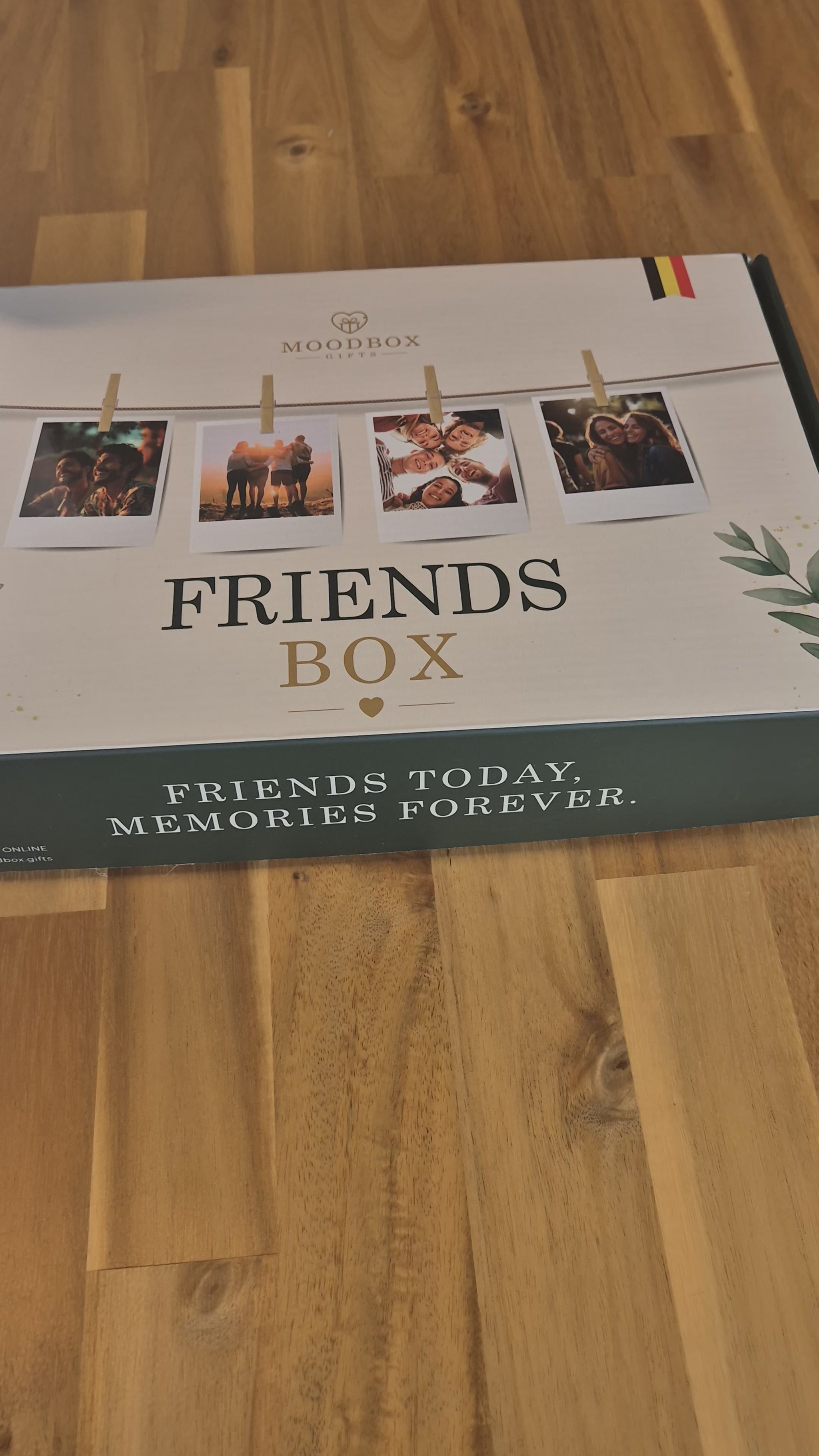Moodbox Friends Gift Box with Belgian chocolate, premium coffee, tea and delicious sweet treats, beautifully packed with a personalized message card. A thoughtful gift for a best friend, close friend or someone who deserves a special surprise, with delivery across Europe.