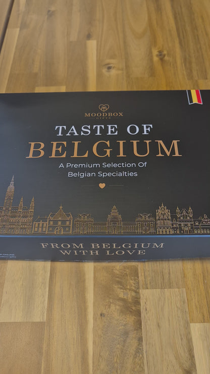 Moodbox Taste of Belgium Gift Box featuring Belgian chocolate, premium coffee, tea and carefully selected Belgian-style sweet treats, presented in an elegant gift box with a personalized message card. A premium Belgian gift experience for family, friends, clients or international recipients, with delivery across Europe.