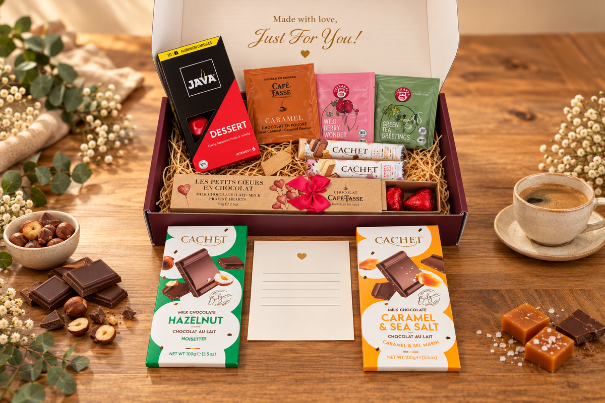 Moodbox Gift Box filled with Belgian chocolate, premium coffee, tea and carefully selected sweet treats, beautifully packed with a personalized message card. A versatile surprise gift for someone special, perfect for any occasion or simply to make their day, with delivery across Europe.