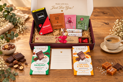 Moodbox Gift Box filled with Belgian chocolate, premium coffee, tea and carefully selected sweet treats, beautifully packed with a personalized message card. A versatile surprise gift for someone special, perfect for any occasion or simply to make their day, with delivery across Europe.