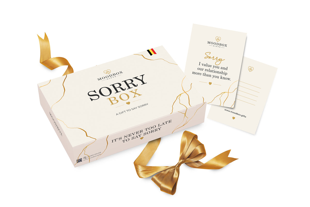 Moodbox Sorry Box with premium Belgian treats and a personalised message card, carefully designed as a thoughtful apology gift.